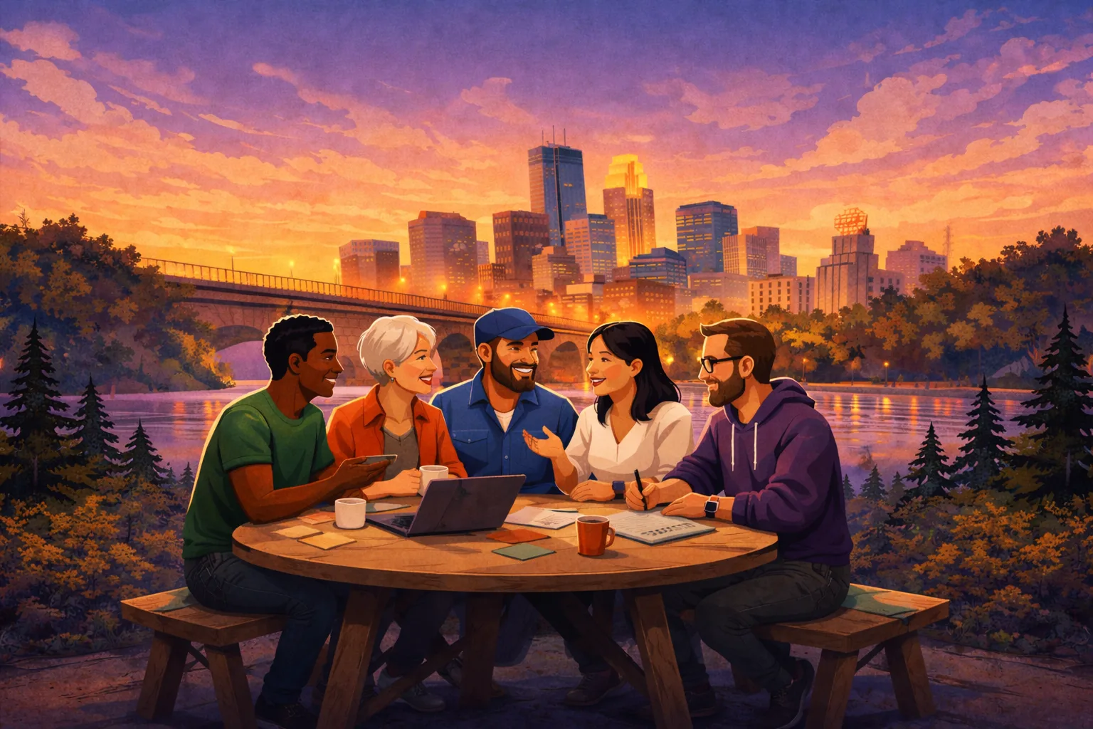 Illustration of a diverse group of professionals gathered around a table in discussion, with the Minneapolis skyline at sunset in the background. Generated with ChatGPT.